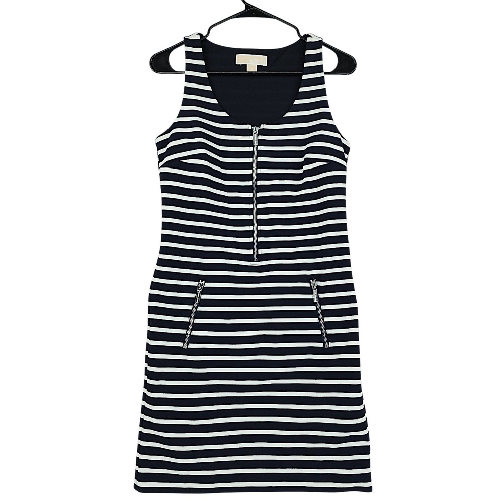 Michael Kors Striped Dress S Nautical Navy Blue White Zip Front Hamptons Preppy